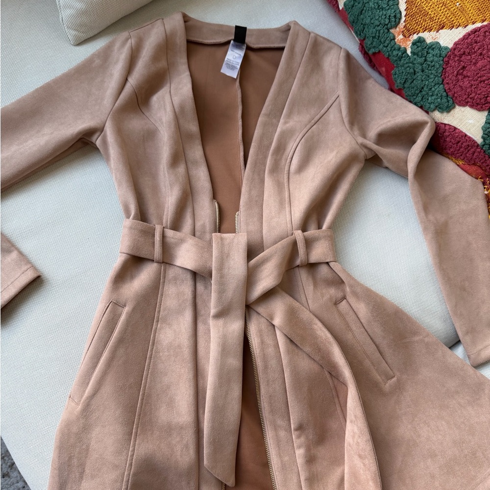 Trench Coat | Belted Women's Long Coat in Blush Tan | Soft Suede Taupe